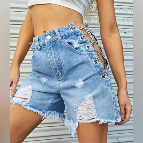SHEIN Pants - SHEIN Women’s Y2K style distressed denim shorts with chain detailing size medium